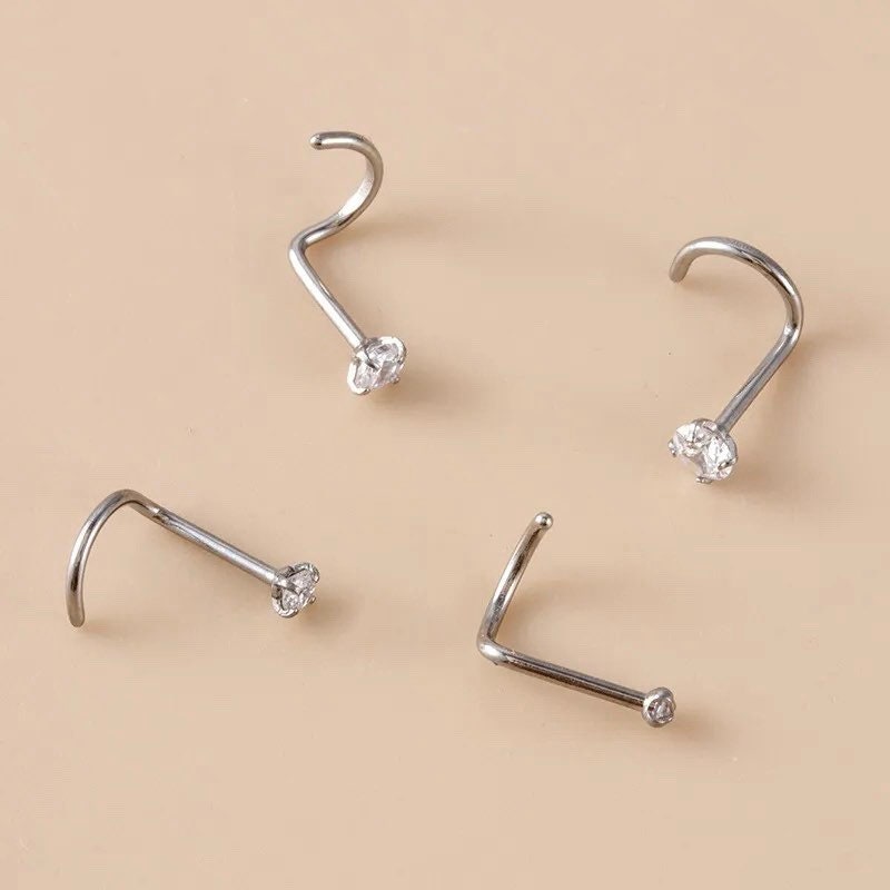 Titanium Corkscrew Nose Stud • Clear Gem Nose Ring • Corkscrew Nose Ring • Simple Nose Piercing