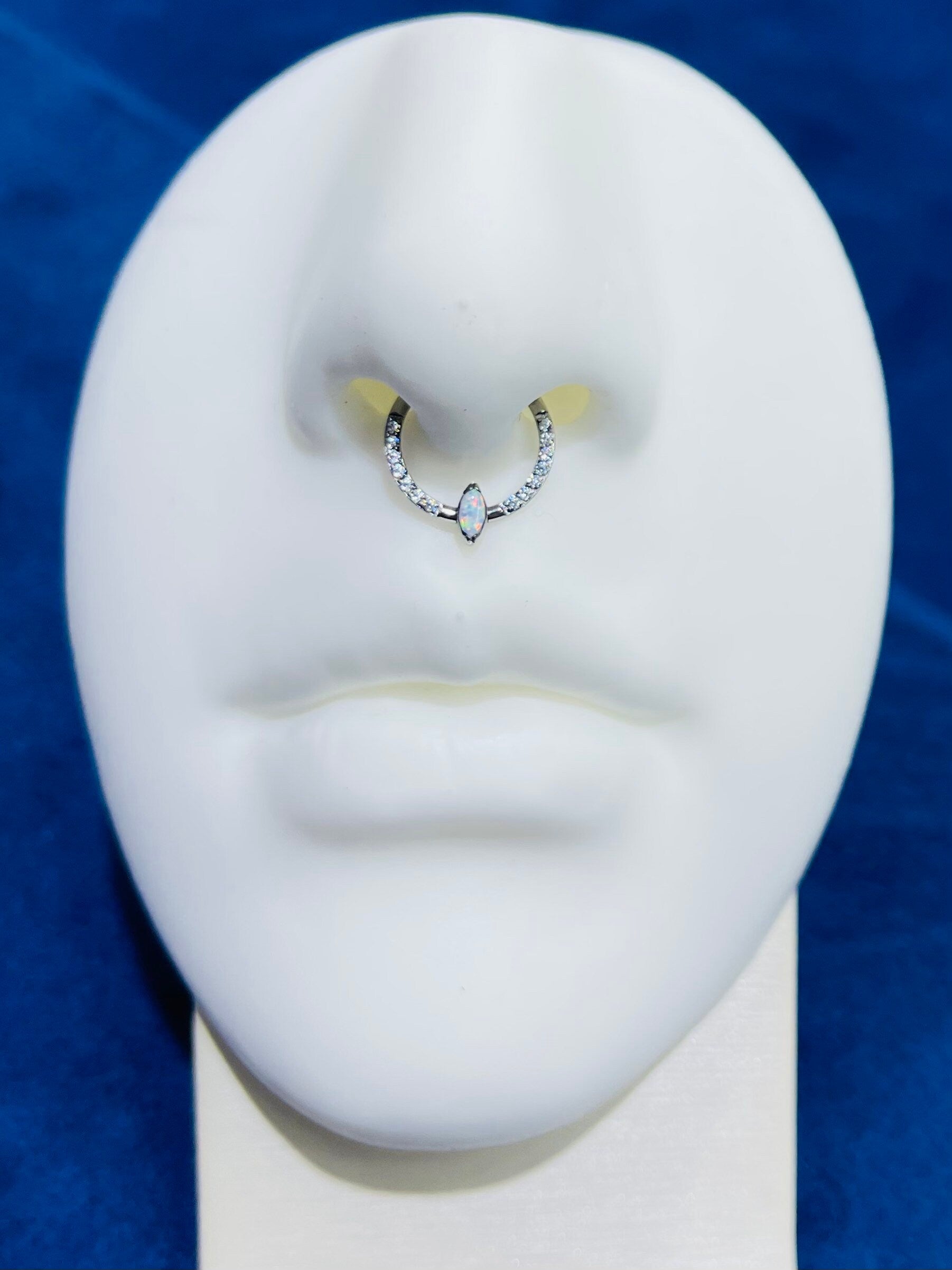 16G Titanium Hinged Septum Clicker Hoop Ring with Marquise White Opal