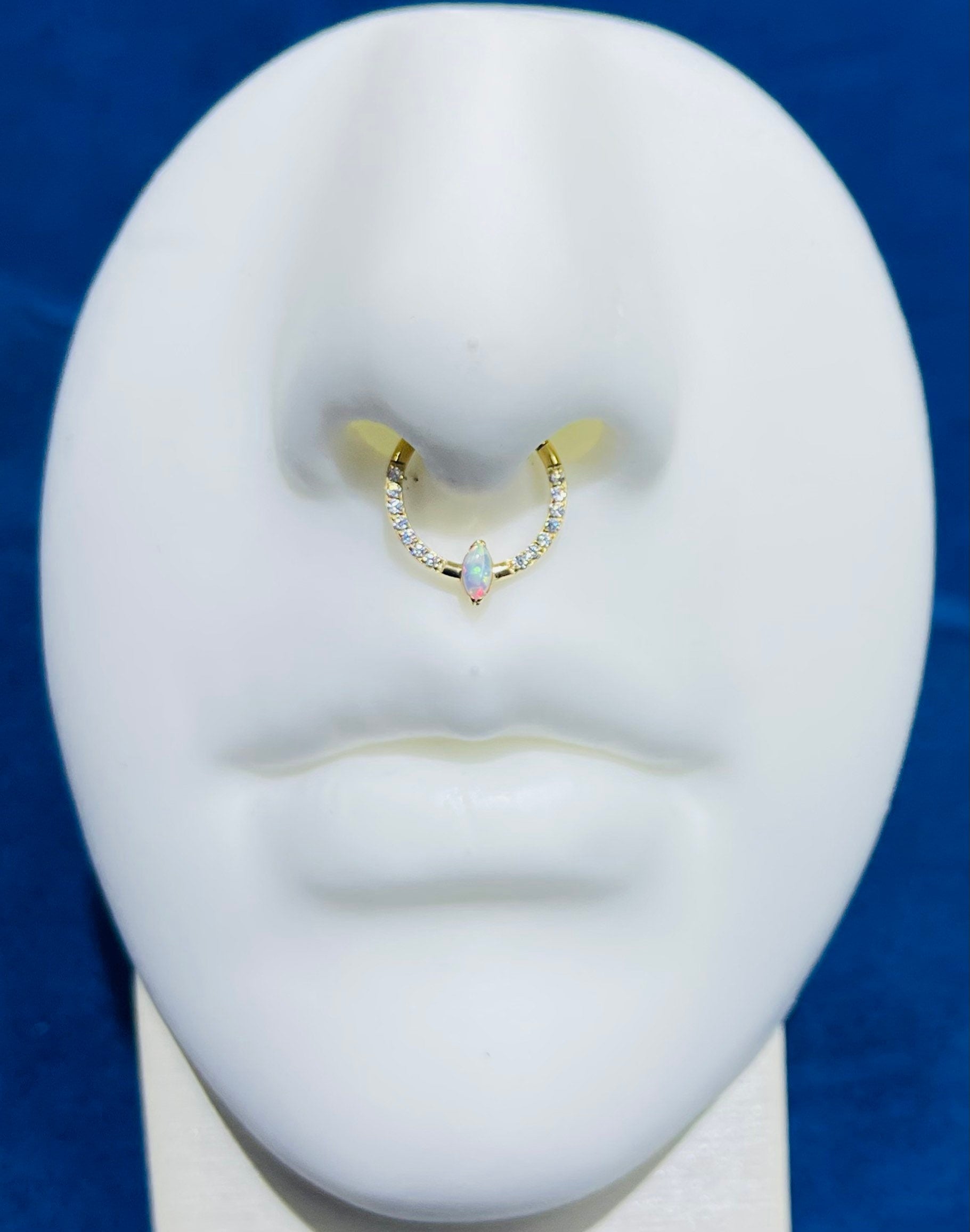 16G Titanium Hinged Septum Clicker Ring with Marquise White Opal