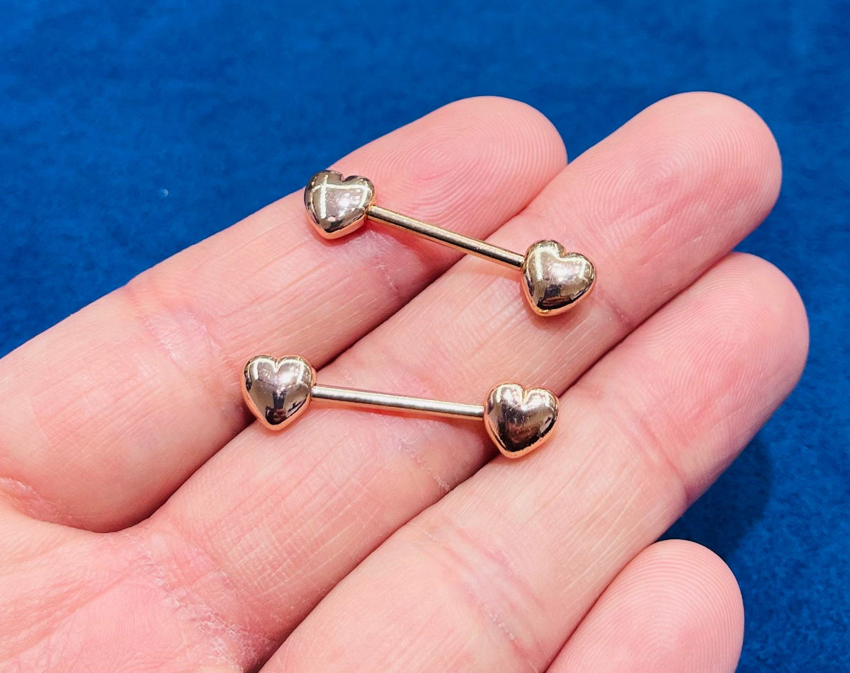 Set of Plain Rose Gold Heart Nipple Jewelry Barbells, Nipple Piercings, Plain Nipple Jewelry