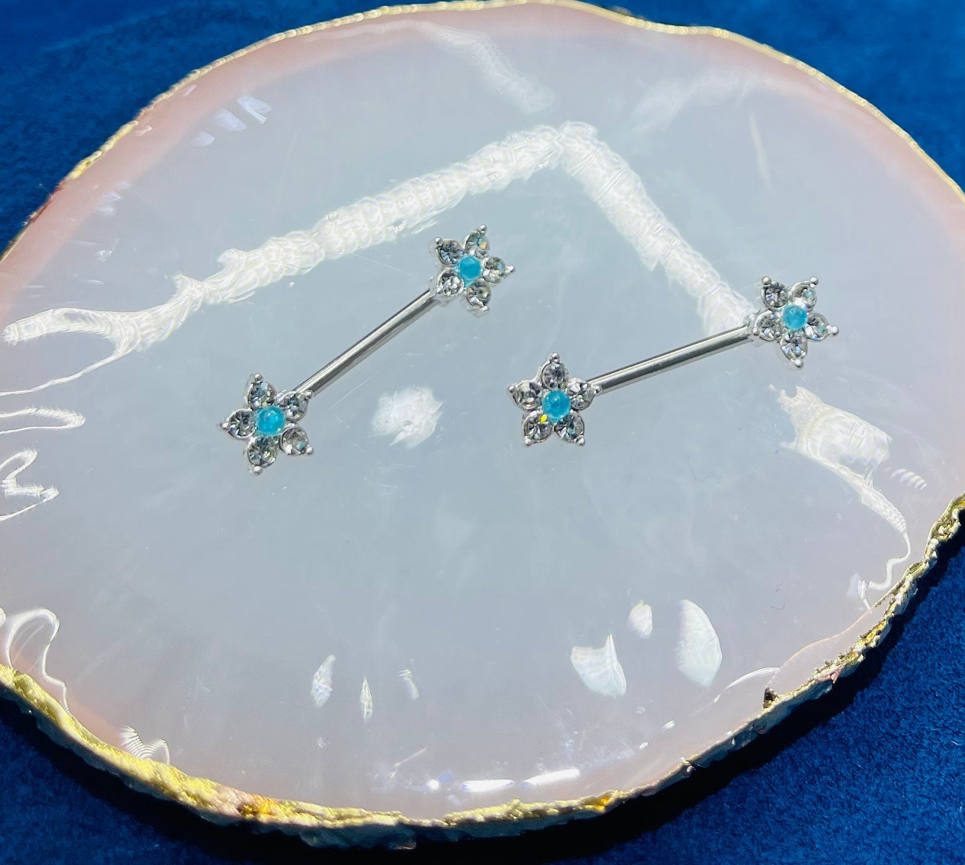 14G Flower Blue Opal Center Nipple Barbell. Nipple Piercings. Nipple Rings. Nipple Jewelry