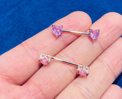 Pair of 14G Rose Gold Pink Heart Stone Nipple Barbells