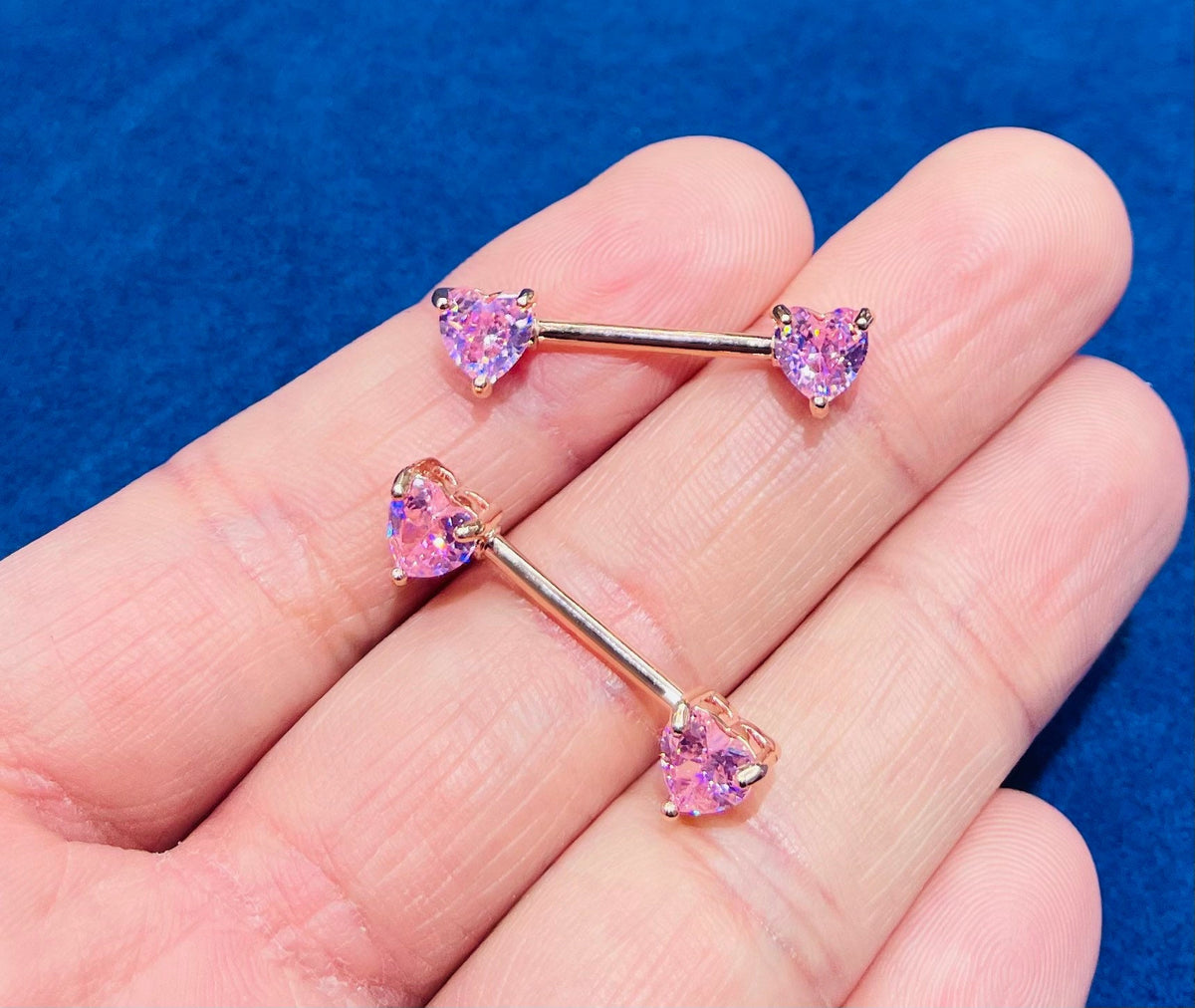 Pair of 14G Rose Gold Pink Heart Stone Nipple Barbells