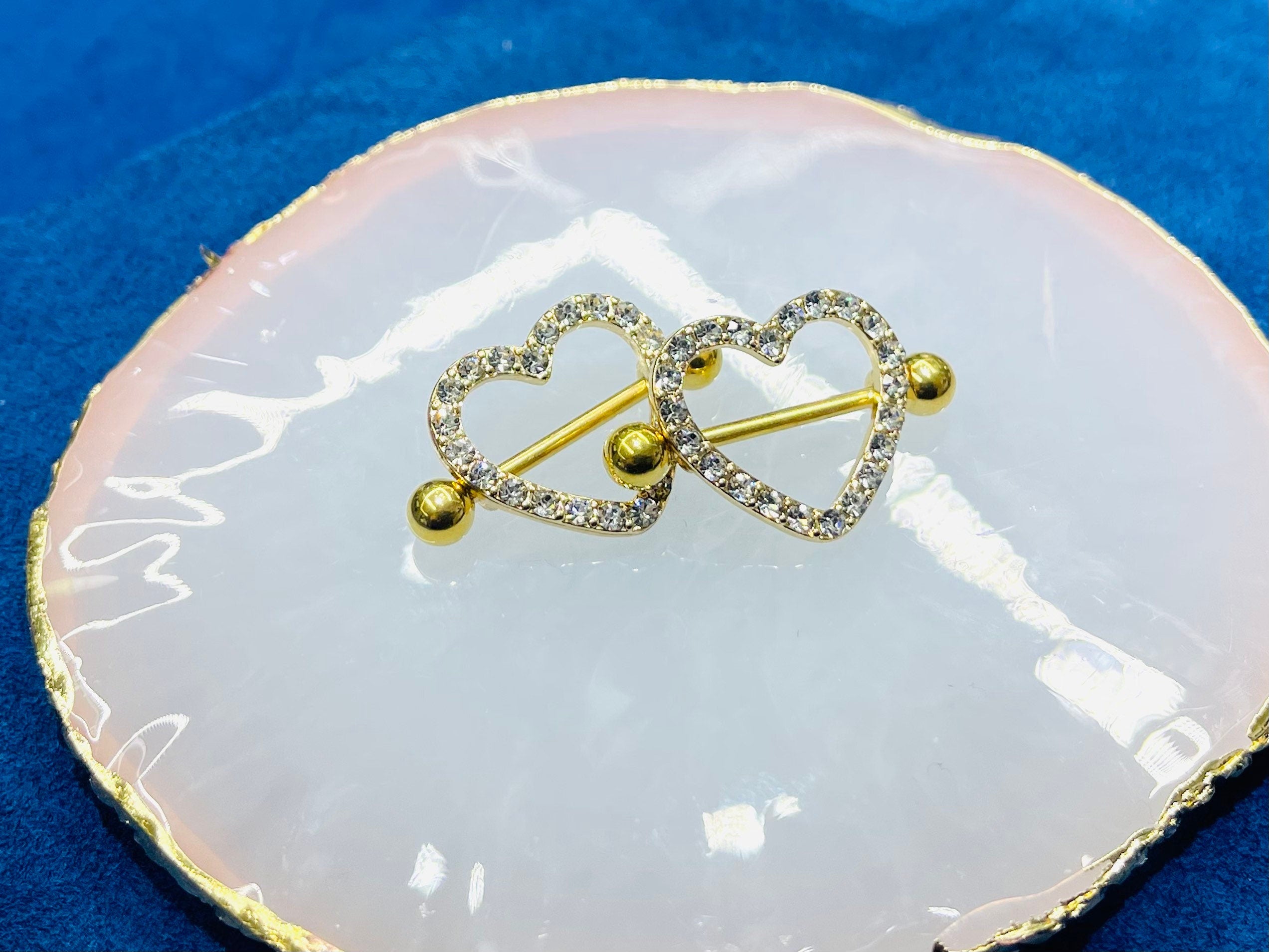 14G Golden Sparkling Heart with Paved Crystals Stones Nipple Barbells. Nipple Jewelry. Nipple Piercing.