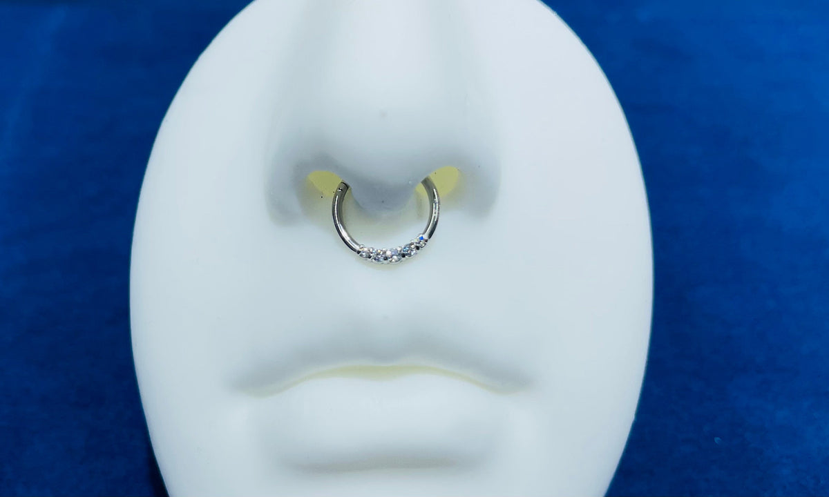 16G Silver Minimal Surgical Steel Basic Septum Ring Clicker with Clear Stones