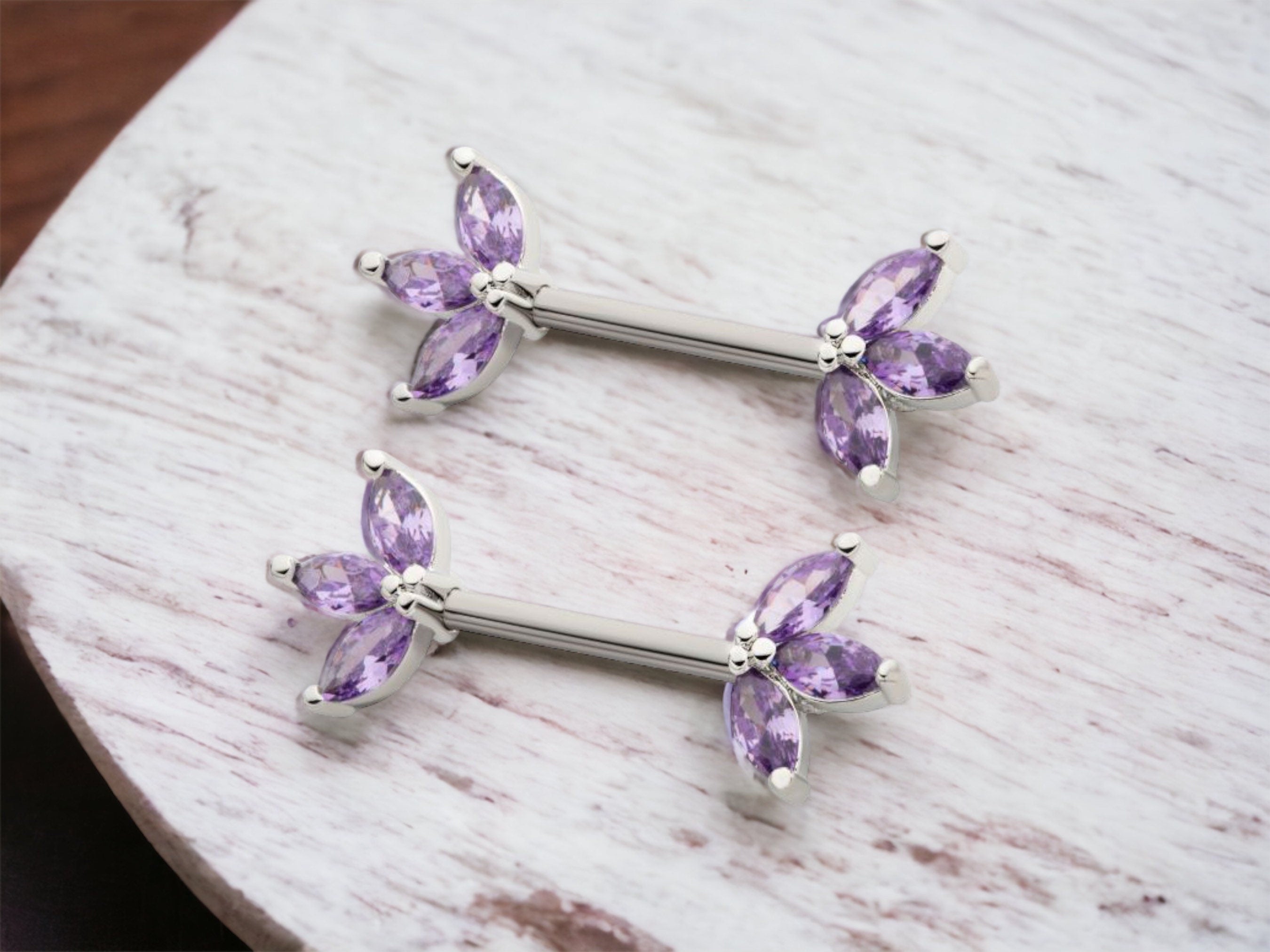 14G Silver Purple Marquise Gems Nipple Barbell. Nipple Rings. Nipple Jewelry. Nipple Piercing