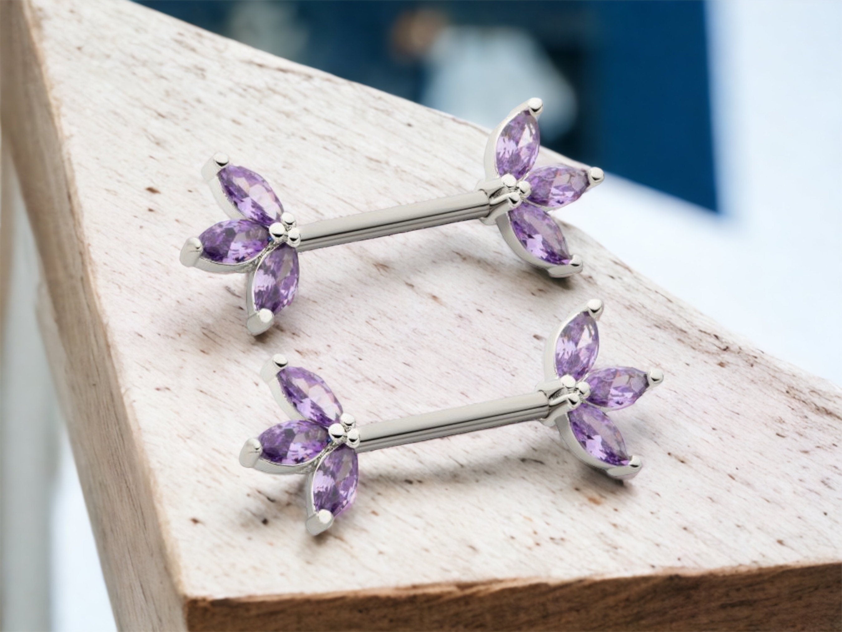 14G Silver Purple Marquise Gems Nipple Barbell. Nipple Rings. Nipple Jewelry. Nipple Piercing