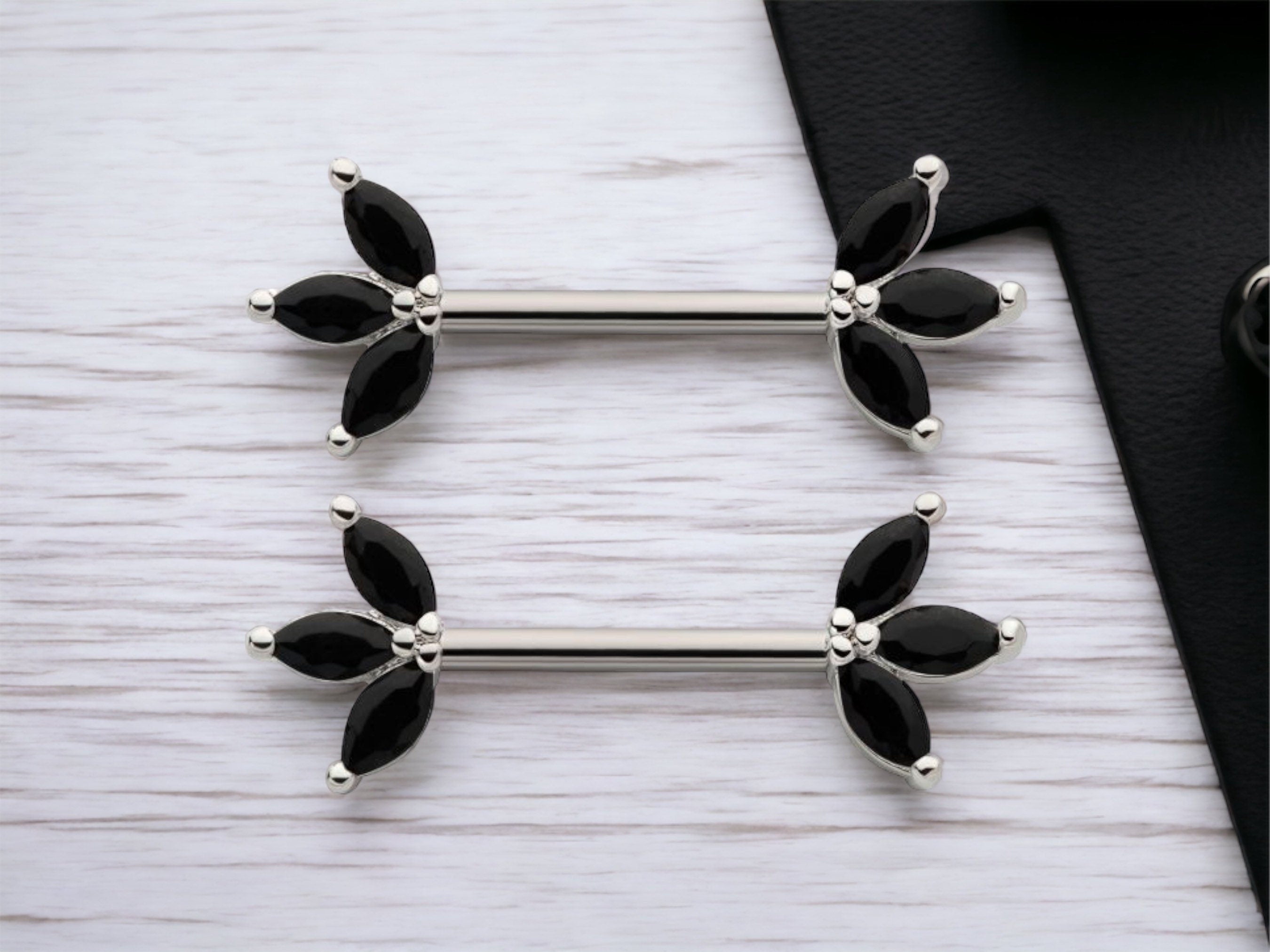 14G Black Marquise Gems Nipple Barbell. Nipple Rings. Nipple Jewelry. Nipple Piercing