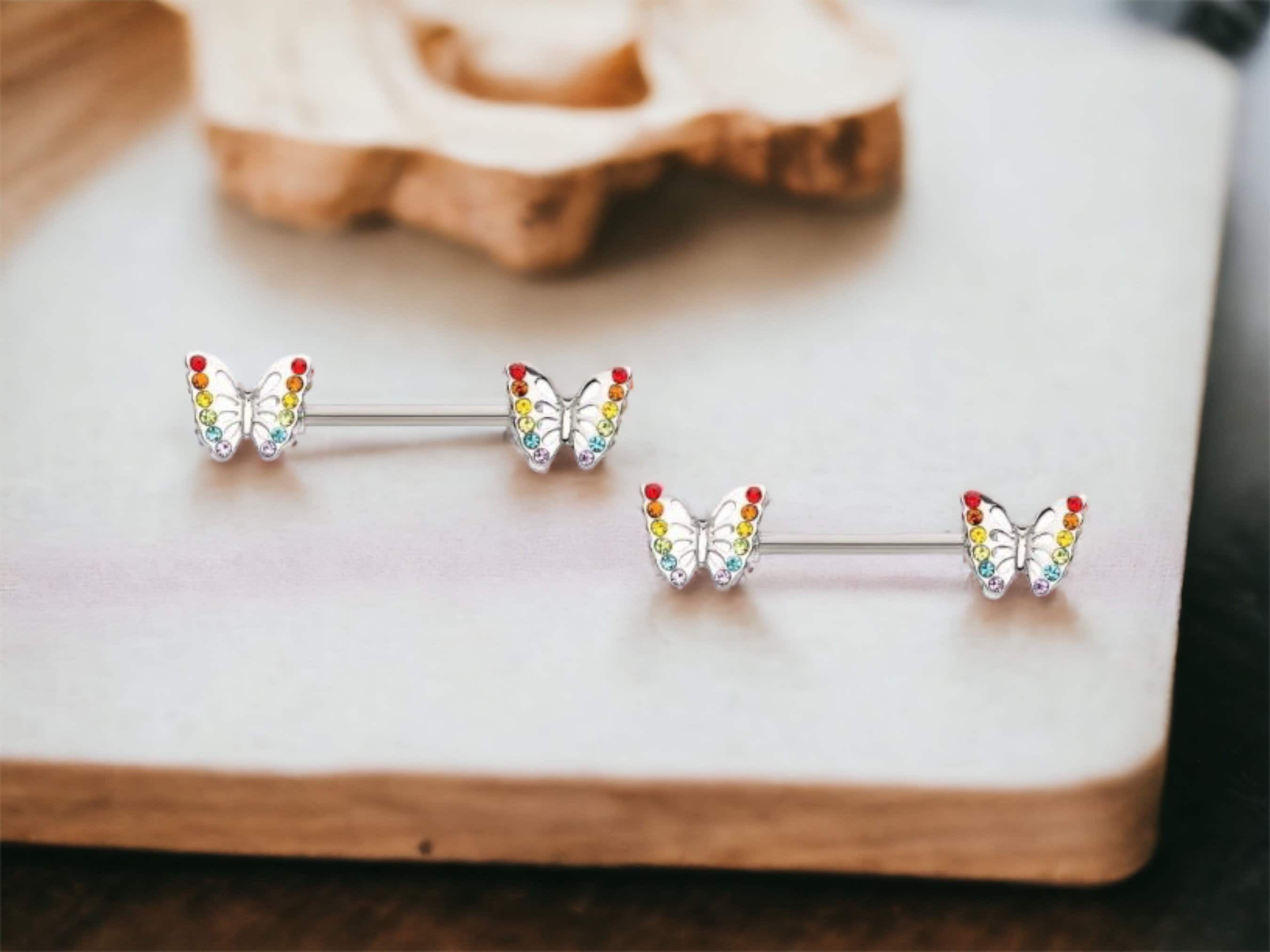 14G Silver Colorful Gems Butterfly Nipple Jewelry • Nipple Barbells with Butterfly End • Rainbow Butterfly Nipple Jewelry