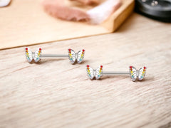 14G Silver Colorful Gems Butterfly Nipple Jewelry • Nipple Barbells with Butterfly End • Rainbow Butterfly Nipple Jewelry