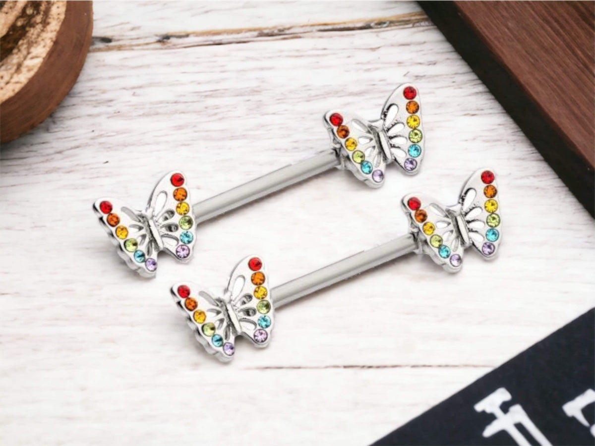 14G Silver Colorful Gems Butterfly Nipple Jewelry • Nipple Barbells with Butterfly End • Rainbow Butterfly Nipple Jewelry