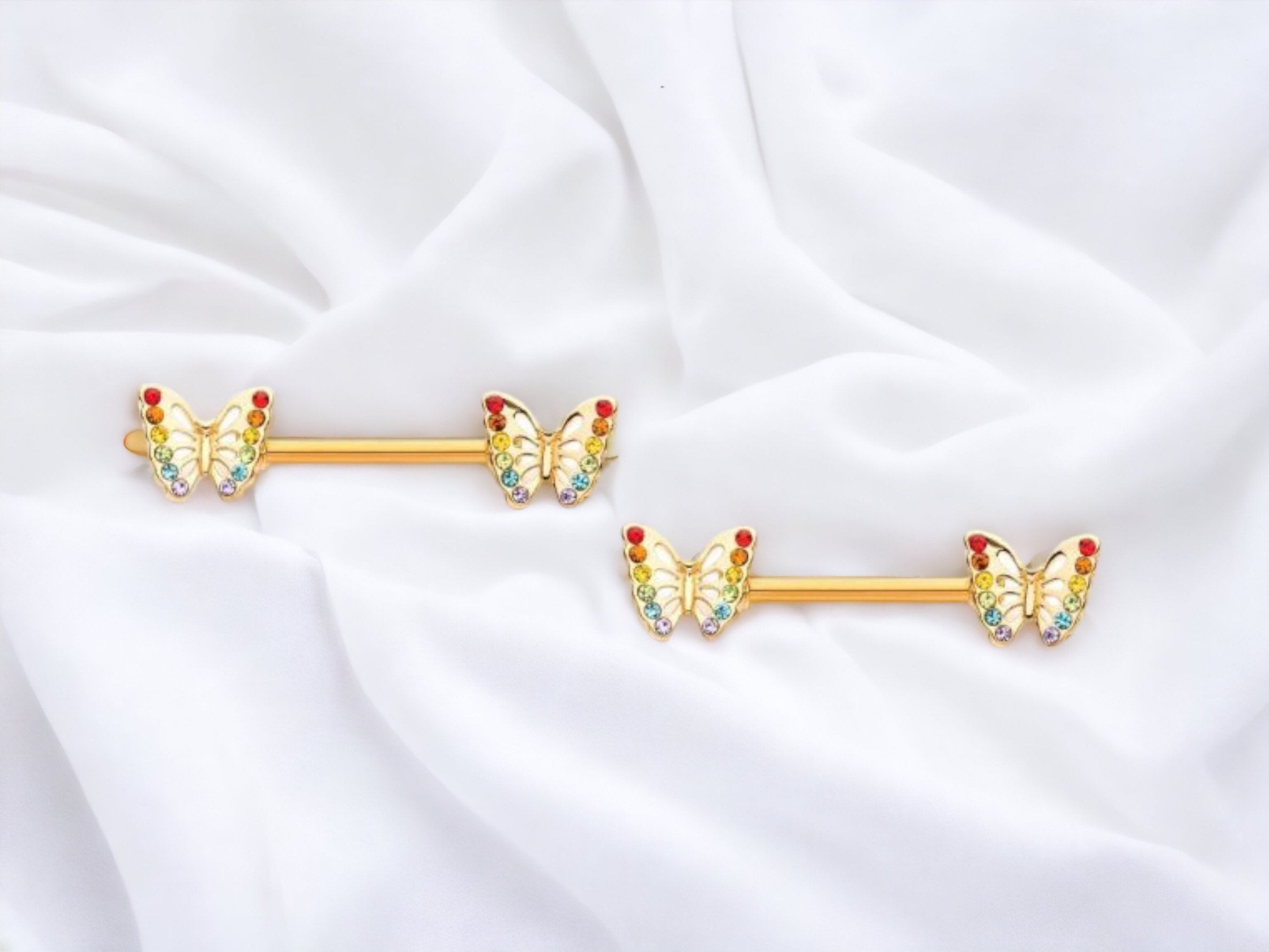 14G Gold Colorful Gems Butterfly Nipple Jewelry • Nipple Barbells with Butterfly End • Rainbow Butterfly Nipple Jewelry