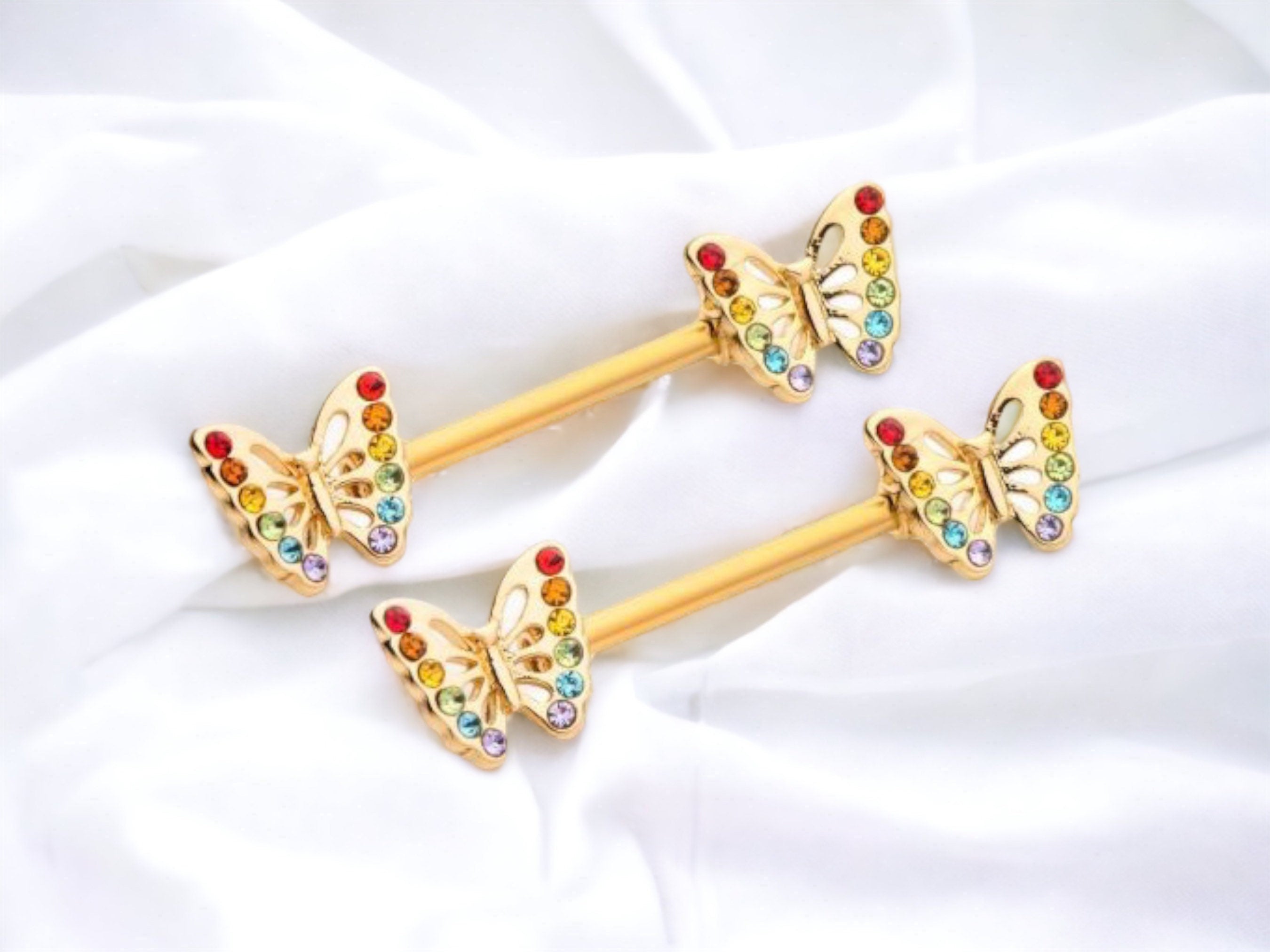 14G Gold Colorful Gems Butterfly Nipple Jewelry • Nipple Barbells with Butterfly End • Rainbow Butterfly Nipple Jewelry