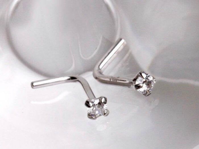 14 Karat White Gold Dainty L Shape Nose Stud. Nose Piercing. L shape Nose Ring. Nose Jewelry