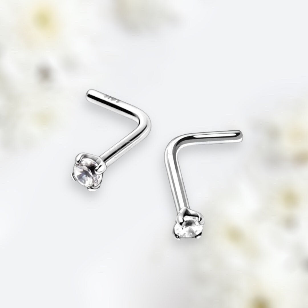 14 Karat White Gold Dainty L Shape Nose Stud. Nose Piercing. L shape Nose Ring. Nose Jewelry