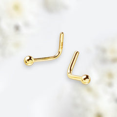 14 Karat Gold Dainty Plain Ball L Shape Nose Stud. Nose Piercing. L shape Nose Ring. Nose Jewelry