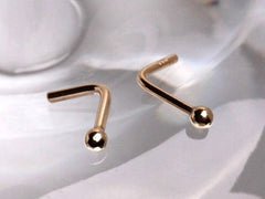 14 Karat Gold Dainty Plain Ball L Shape Nose Stud. Nose Piercing. L shape Nose Ring. Nose Jewelry