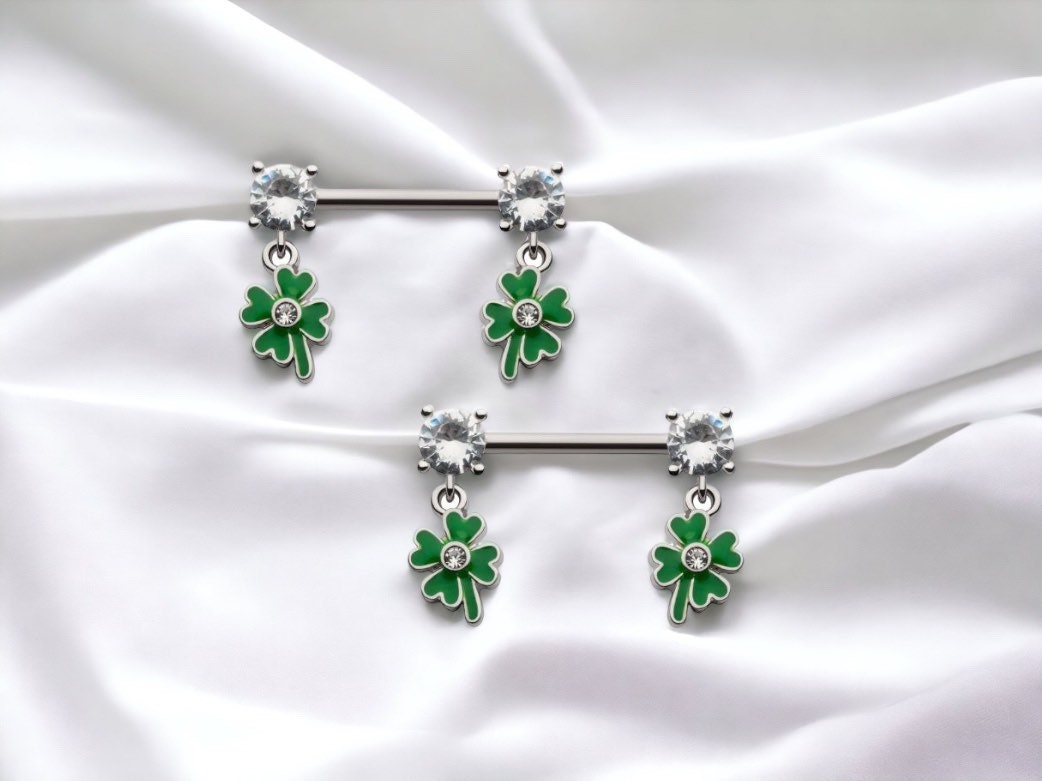 14G Silver Dangling Green Enamel Clover Nipple Barbell. Nipple Piercing. Nipple Jewelry