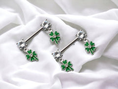 14G Silver Dangling Green Enamel Clover Nipple Barbell. Nipple Piercing. Nipple Jewelry