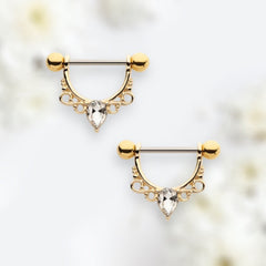 14G Gold Pear Stone Filigree Design Dangling Nipple Barbell. Nipple Jewelry. Nipple Rings. Nipple Piercing