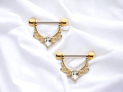 14G Gold Pear Stone Filigree Design Dangling Nipple Barbell. Nipple Jewelry. Nipple Rings. Nipple Piercing