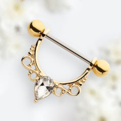 14G Gold Pear Stone Filigree Design Dangling Nipple Barbell. Nipple Jewelry. Nipple Rings. Nipple Piercing