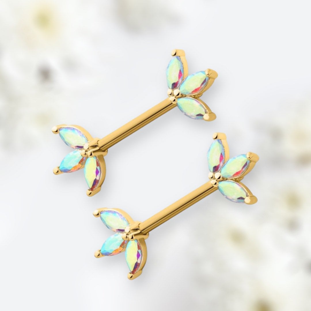 14G Gold Triple Multicolored Marquise Nipple Barbell. Nipple Rings. Nipple Jewelry. Nipple Piercing