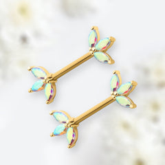 14G Gold Triple Multicolored Marquise Nipple Barbell. Nipple Rings. Nipple Jewelry. Nipple Piercing