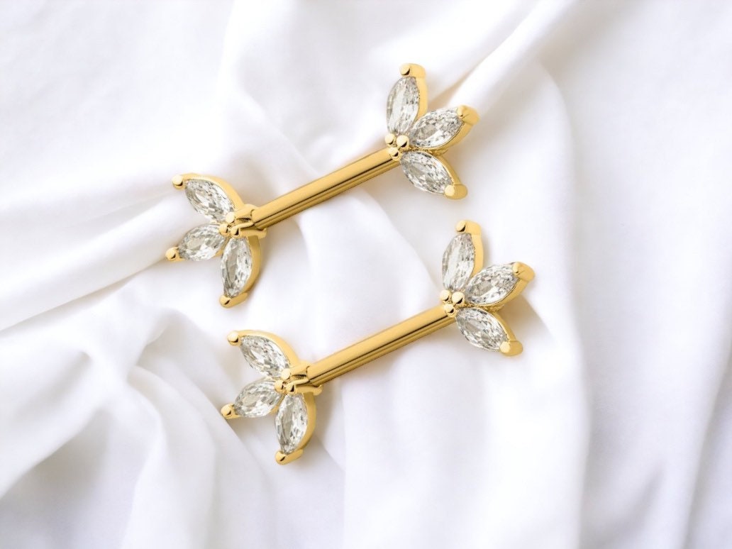 14G Gold Triple Marquise Gems Nipple Barbell. Nipple Rings. Nipple Jewelry. Nipple Piercing