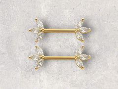 14G Gold Triple Marquise Gems Nipple Barbell. Nipple Rings. Nipple Jewelry. Nipple Piercing