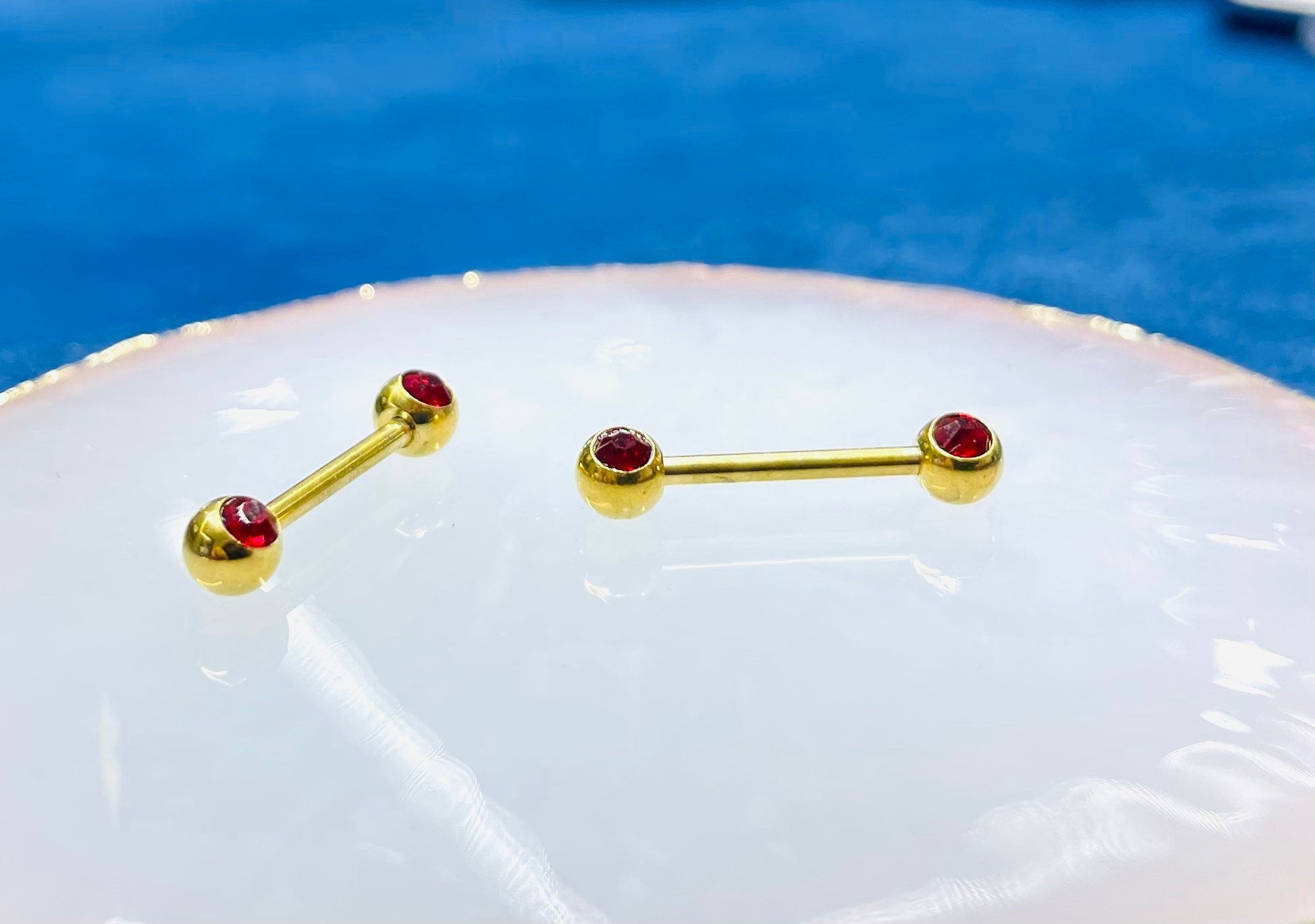 14G Gold Red Gems Nipple Jewelry Barbell. Nipple Piercing. Nipple Rings.