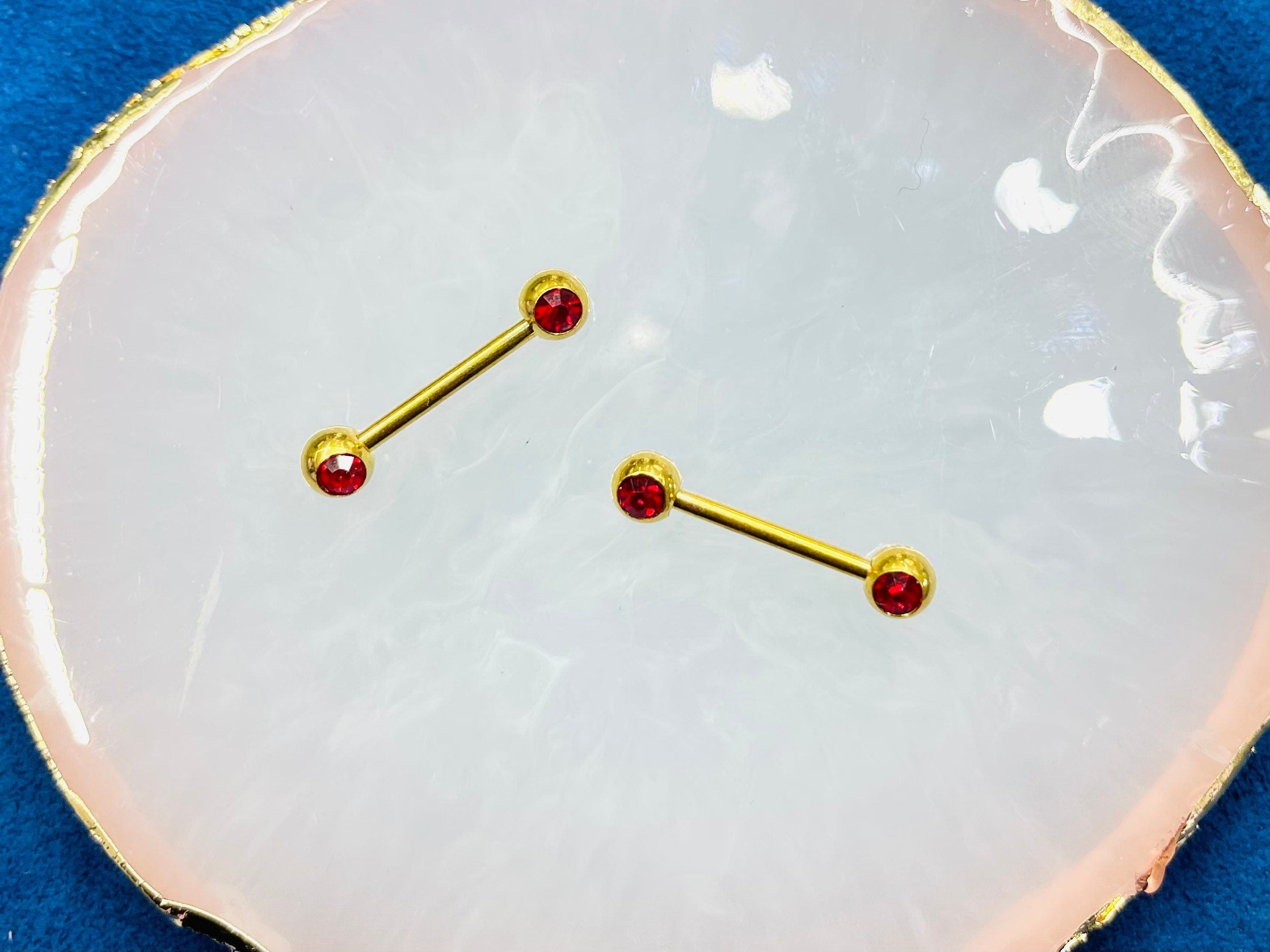 14G Gold Red Gems Nipple Jewelry Barbell. Nipple Piercing. Nipple Rings.