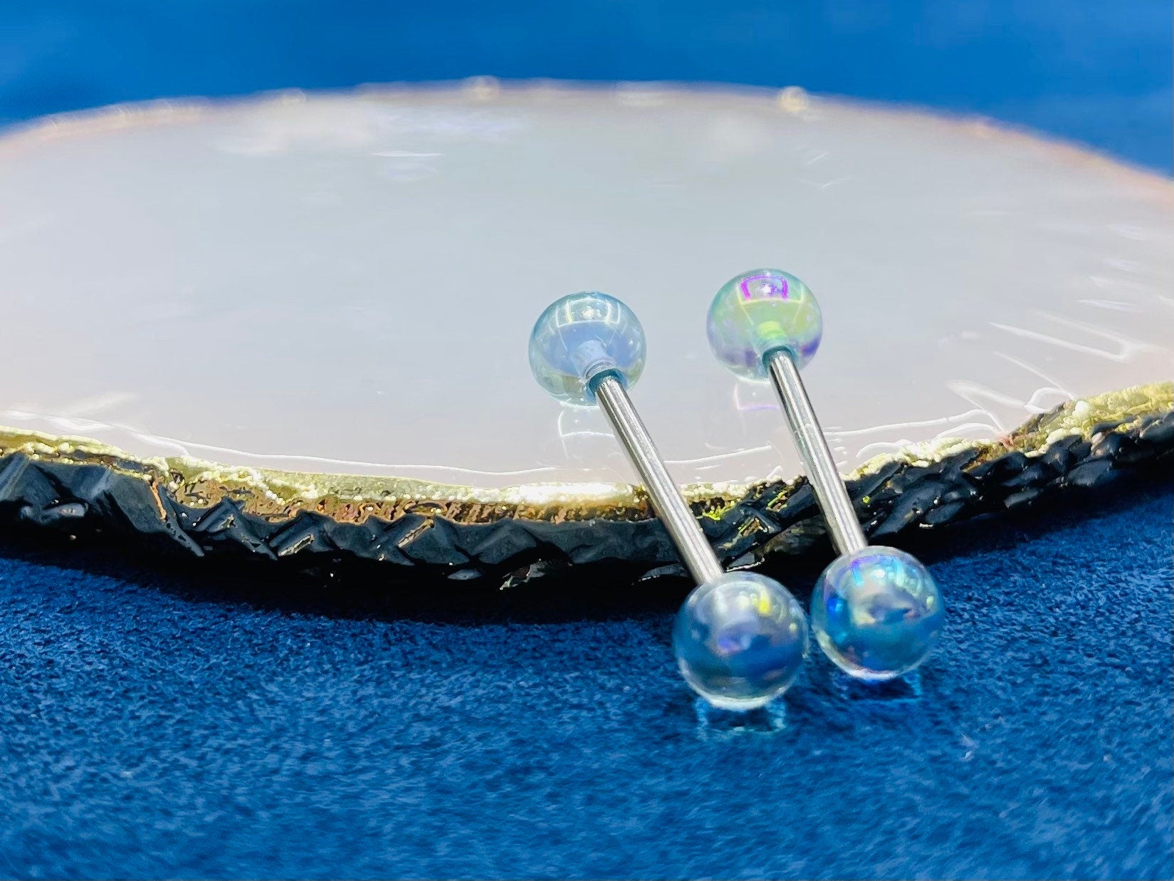 14G Blue Iridescent Clear Ball Ends Nipple Barbell. Nipple Jewelry. Nipple Piercing. Nipple Rings