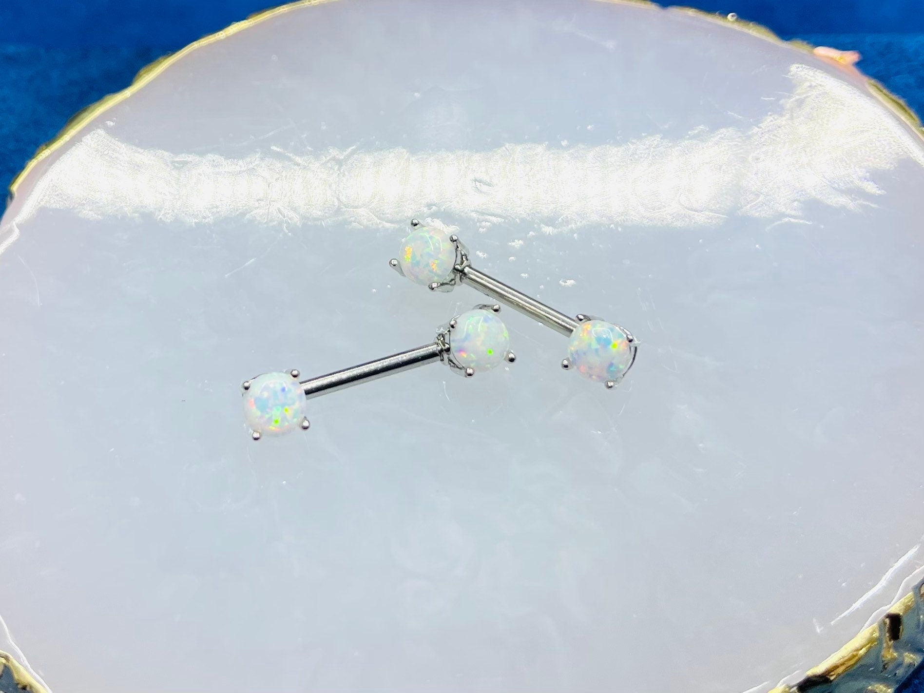 Pair of 14G White Opal Prong Set Nipple Barbell. Nipple Rings. Nipple Piercing. Nipple Jewelry.