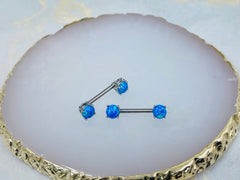 Pair of 14G Blue Opal Prong Set Nipple Barbell. Nipple Rings. Nipple Piercing. Nipple Jewelry.