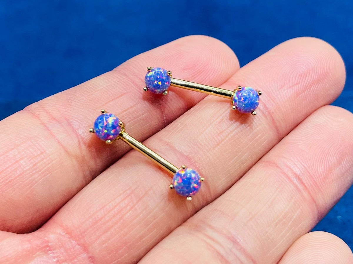 Pair of 14G Gold Purple Opal Prong Set Nipple Barbell. Nipple Rings. Nipple Piercing. Nipple Jewelry.