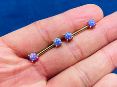 Pair of 14G Gold Purple Opal Prong Set Nipple Barbell. Nipple Rings. Nipple Piercing. Nipple Jewelry.