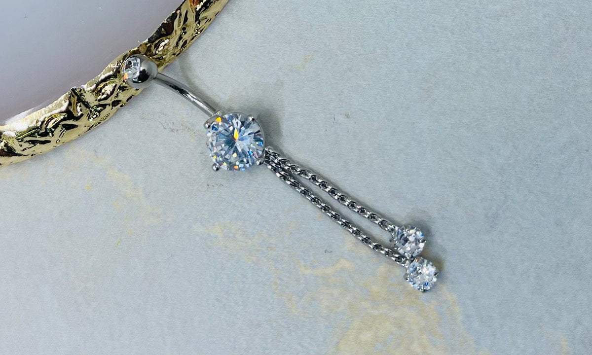 Silver Dangling Rope with Clear Gems Belly Button Ring