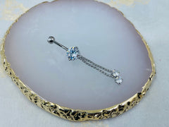 Silver Dangling Rope with Clear Gems Belly Button Ring