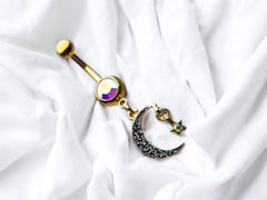 14G Gold Multicolor Gem Moon and Star Dangling Charm Belly Button Ring Piercing