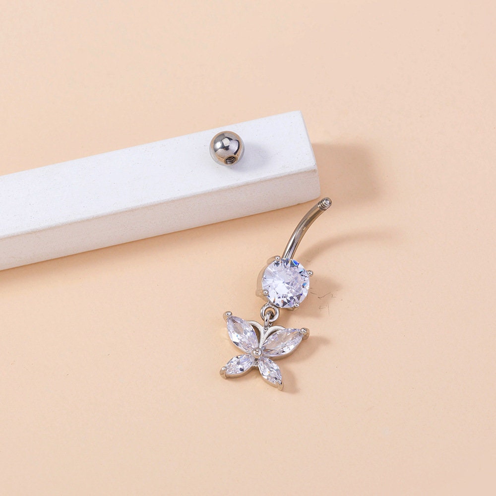 14G Silver Dangling Butterfly Dangling Belly Button Ring