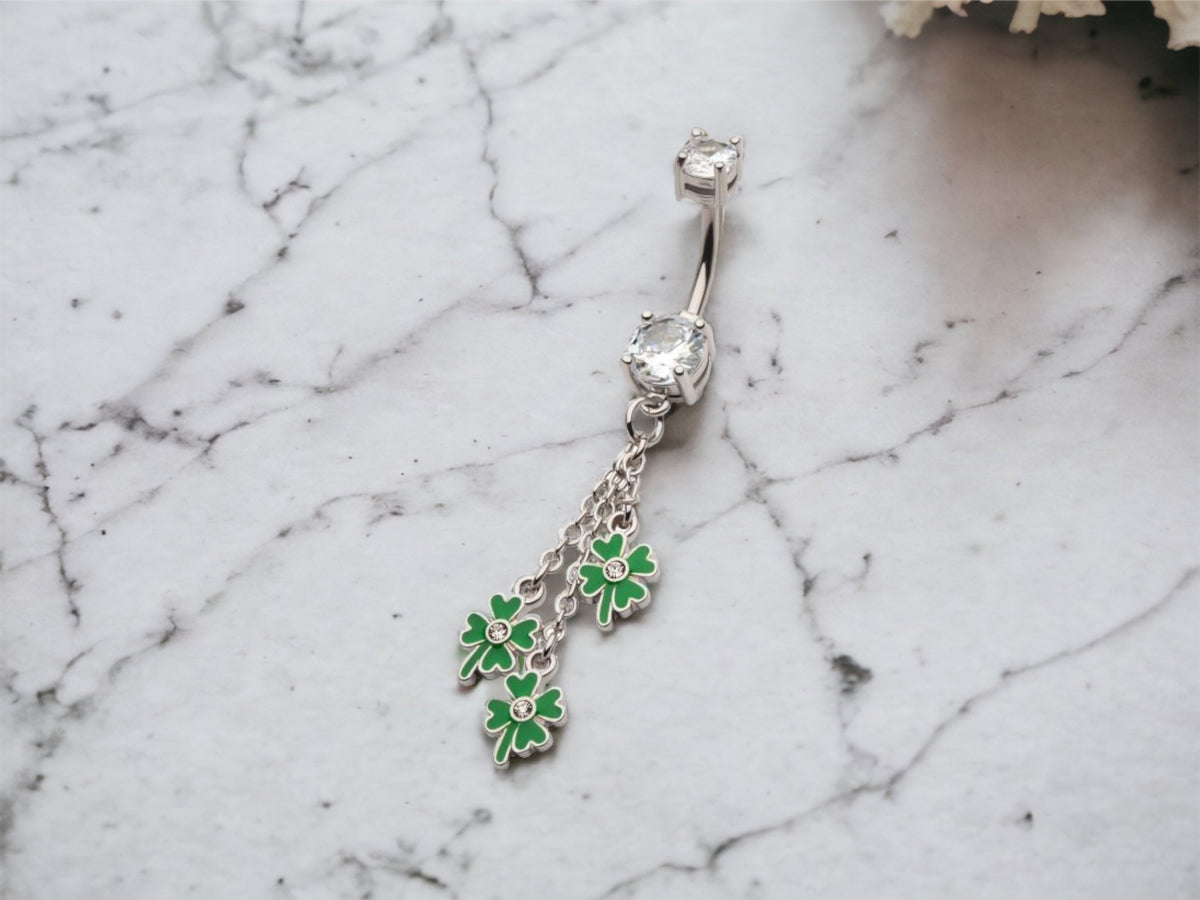 Green Clover Enamel Dangling Belly Button Ring