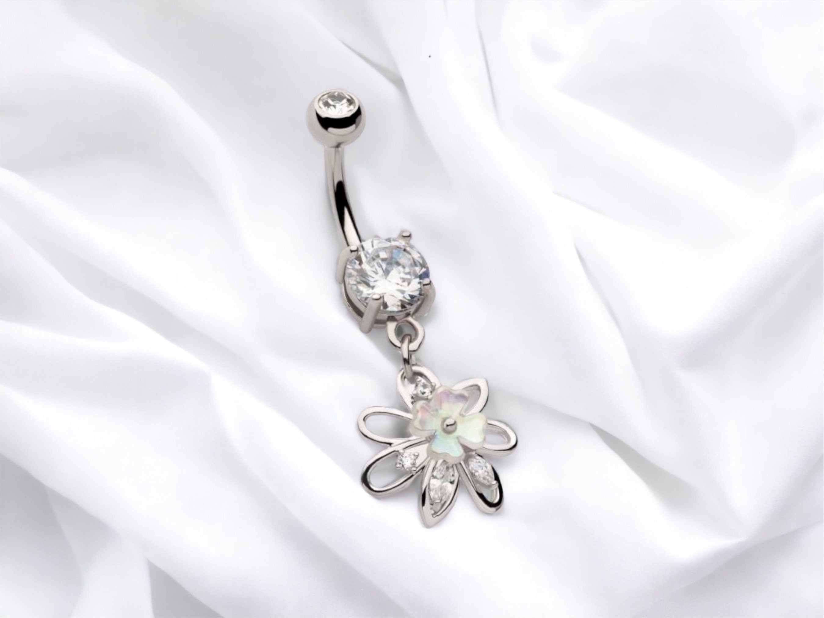 14G Silver Multi Gem Flower White Clover Dangling Belly Button Ring