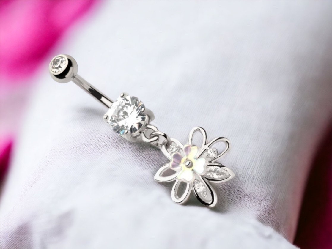 14G Silver Multi Gem Flower White Clover Dangling Belly Button Ring