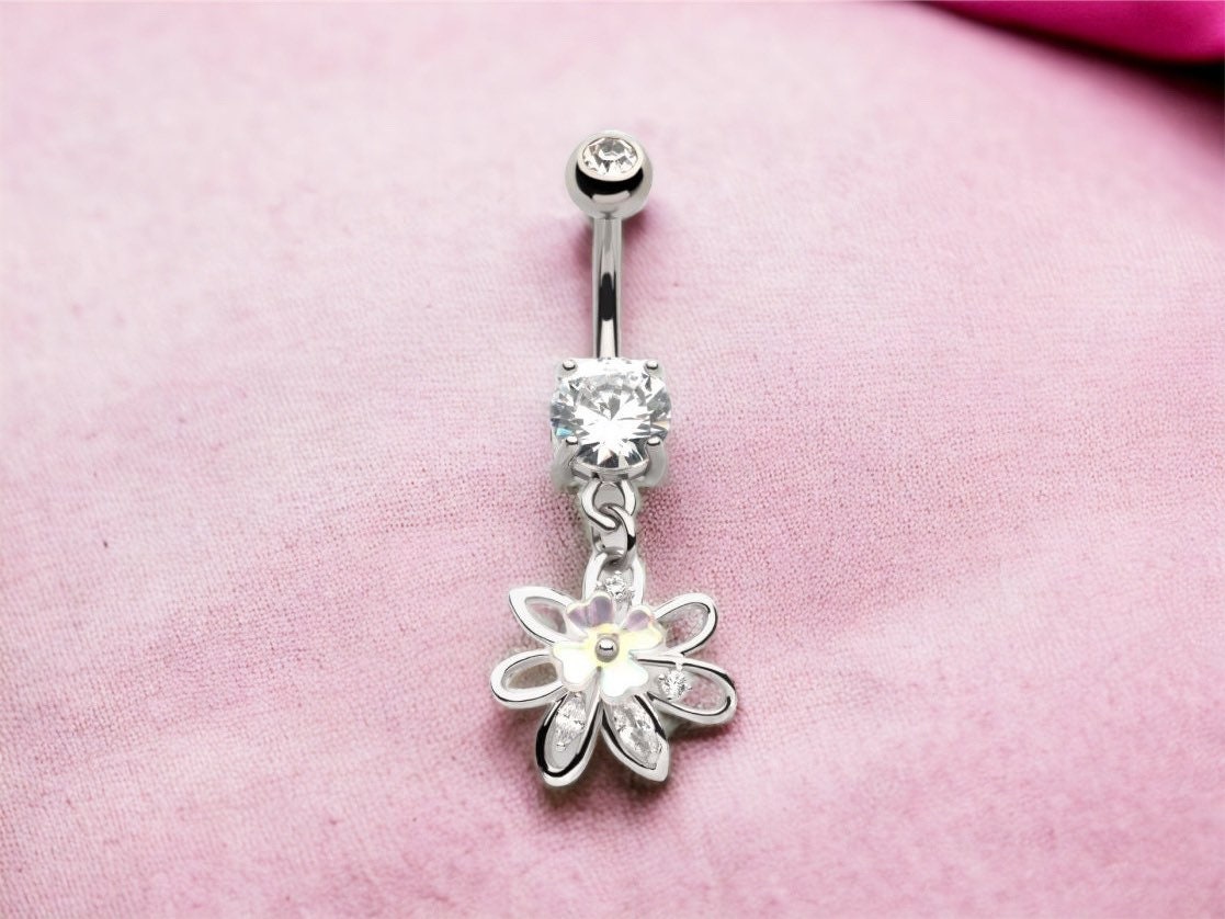 14G Silver Multi Gem Flower White Clover Dangling Belly Button Ring