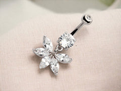 14G Silver Multi Gem Marquise Petals Dangling Belly Button Ring