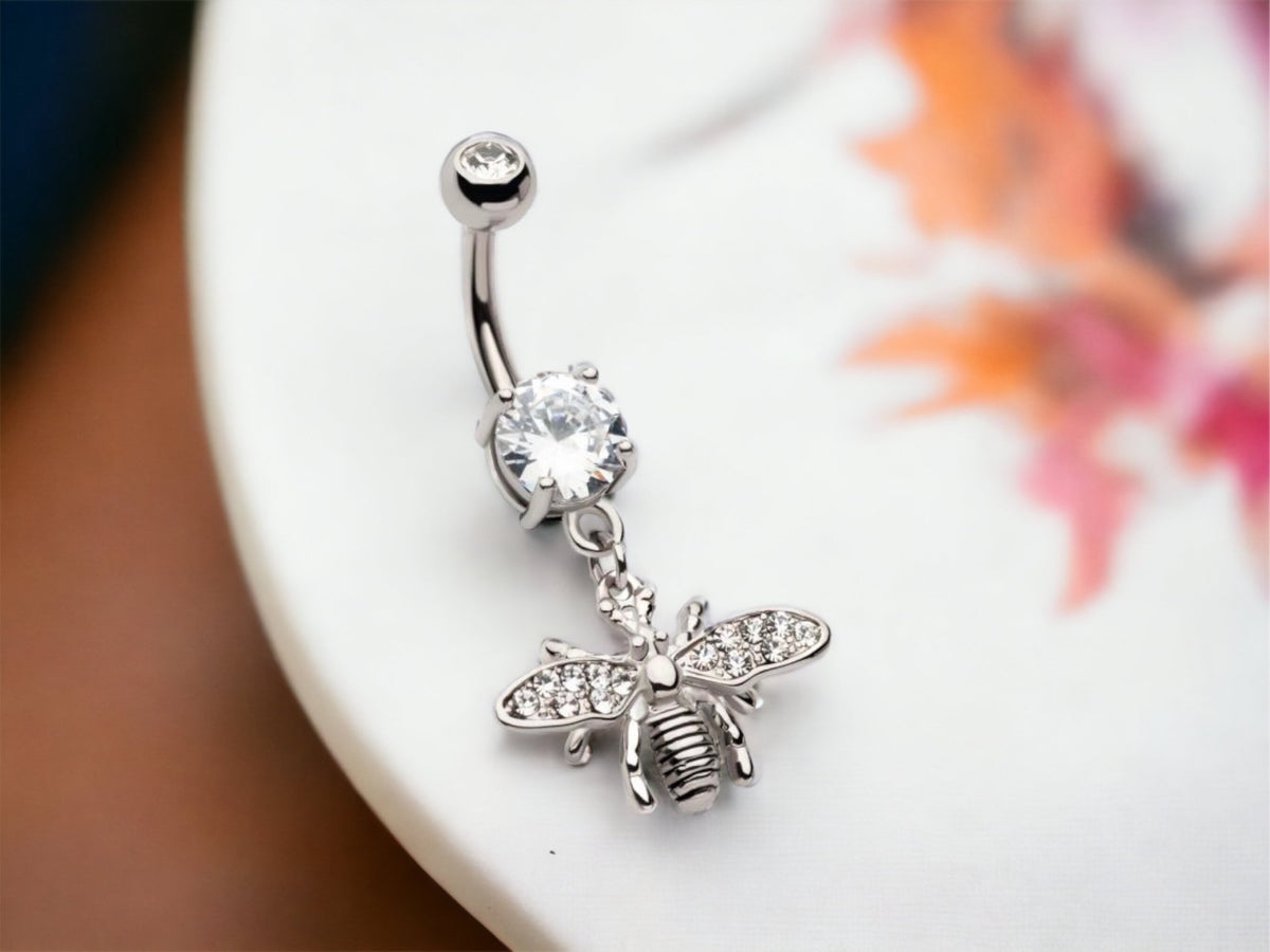 14G Silver Multi Gem Wings Bee Dangling Belly Button Ring