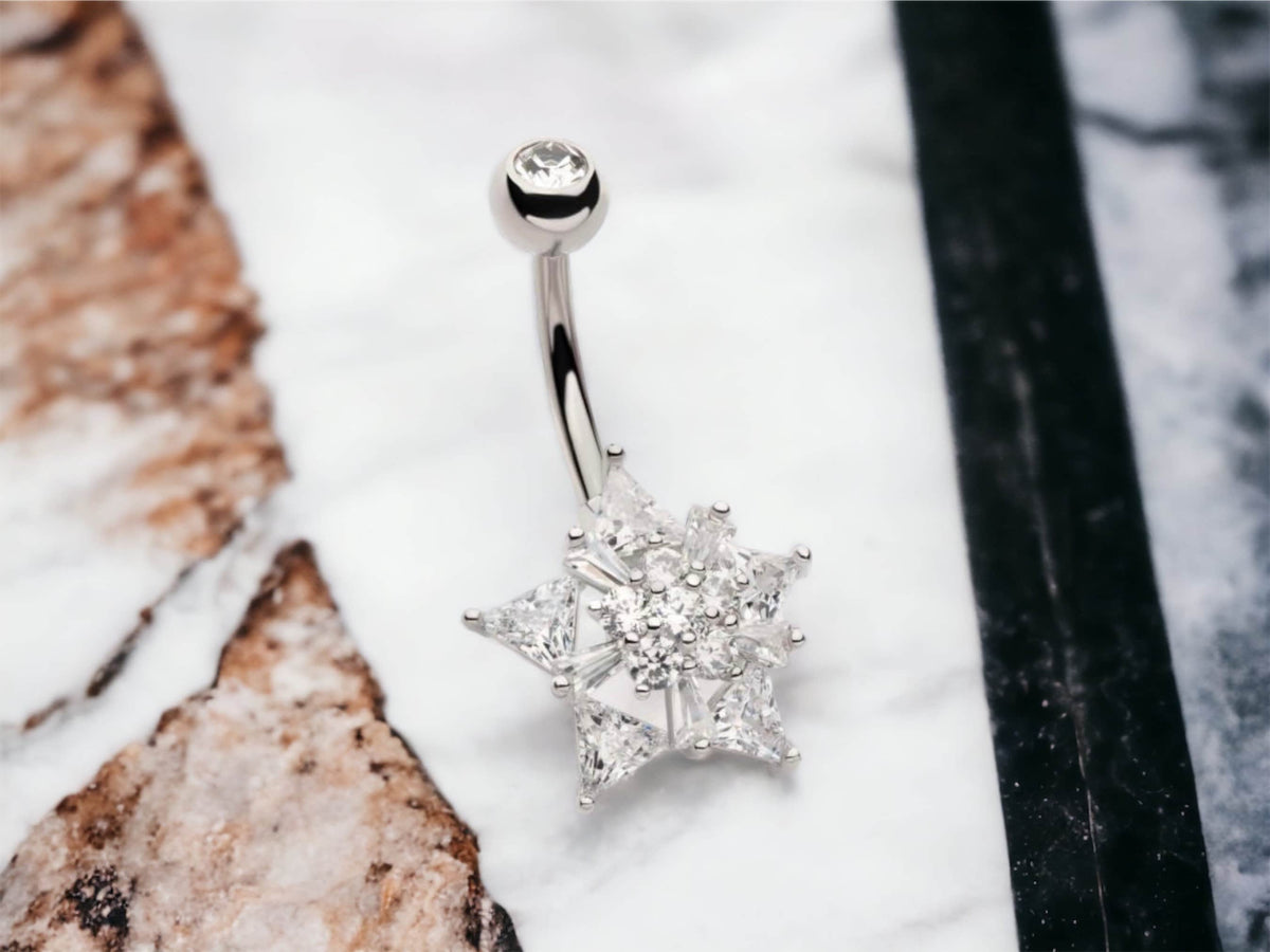 Silver Multi Stone Star Flower Belly Button Ring