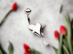 Silver Super Dainty Heart and Arrow Pear Gem Belly Button Ring • Belly Piercing • Simple Belly Ring