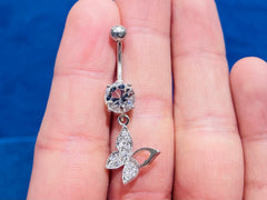 Silver Dainty Dangling Butterfly Belly Button Ring